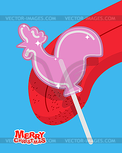 Cockerel candy lick. lollipop rooster Licking - vector clipart