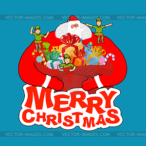 Merry Christmas. Santa Claus and bag and elf helper - vector image