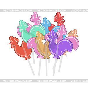 Cockerel candy set. Caramel on stick. Russian - vector image