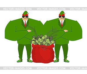 Santa elf and red bag full money. Claus - vector clipart