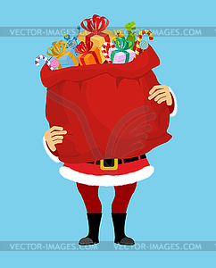 Santa and bag with gifts . Big red sack. Gifts for - vector image