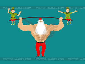 Strong Santa lift barbell with elves. powerlifting - vector clip art