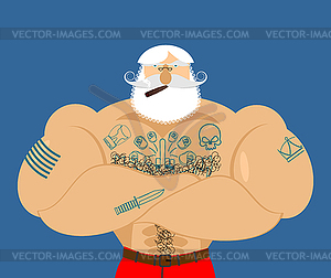 Hipster Santa with tattoos. Strong man with beard - vector clipart