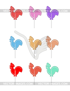 Cockerel candy set. Caramel on stick. Russian - vector image