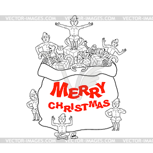 Santa bag with gift and elves. Merry Christmas. - vector clipart