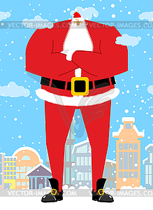 Santa Claus in city. Christmas in town. Snow and - vector image
