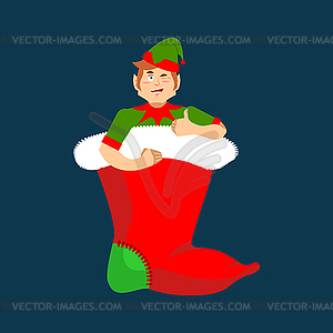 Christmas stocking and Santa Elf. Little Claus - vector clipart