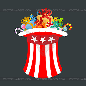 Patriotic Santa Claus cap with gifts. Winter Hat - vector clipart