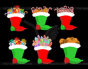 Christmas stocking with gifts set. Candy cane and - color vector clipart