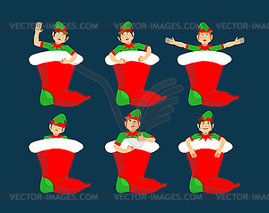 Christmas stocking and Santa Elf set. Little Claus - vector clip art