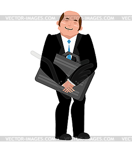 Joyful businessman hugs suitcase with money. Boss - vector clip art