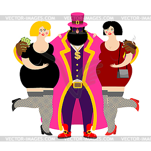 Pimp and prostitutes. Bright clothing and cigar. - vector image