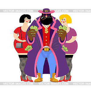 Pimp and prostitutes. Bright clothing and cigar. - vector clipart