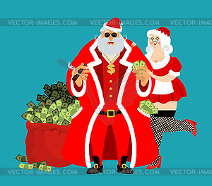 Cool Rich Santa and girl. Red bag with money. - vector image