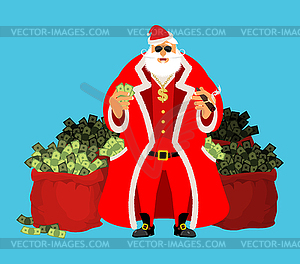 Cool Santa and red bag with money. Claus after work - vector clip art