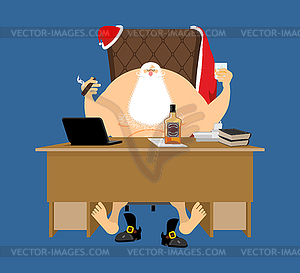 Santa after work relaxes. Claus rest. Drink and - vector clipart