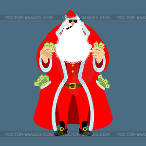 Rich Santa Claus and lot of money. Pocketful of - vector clipart