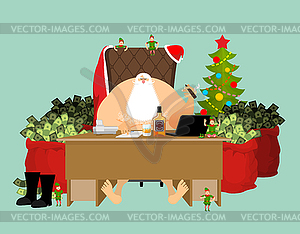 Santa after work relaxes. Rich Claus and red bag - vector image