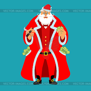 Rich Santa Claus and lot of money. Pocketful of - vector image