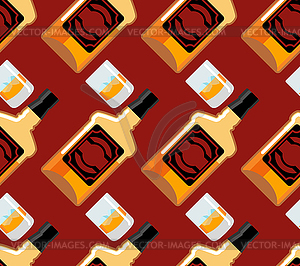 Bottle Scotch seamless pattern. Glass of whiskey an - vector image