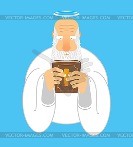 God and Bible. Gray-haired old man with halo. Holy - vector clip art