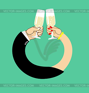 Wedding. Male and female hand to drink wine to clink - vector clipart / vector image