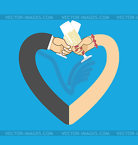 Wedding. Male and female hand to drink wine to clink - vector image