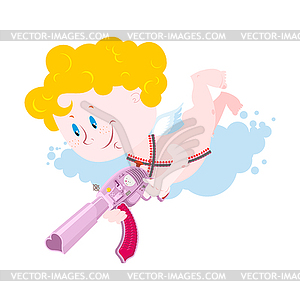 Cupid and weapons. Cute little angel and love gun - vector image