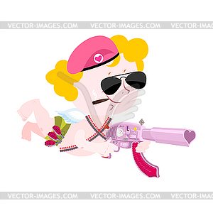 Cupid and weapons. Cute little angel and love gun - vector image