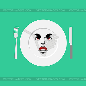 Plate angry Emoji. Empty dish aggressive emotion - vector image