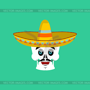 Skull in sombrero happy Emoji. Mexican skeleton - vector clipart