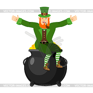 Leprechaun and pot of gold. Dwarf with red beard an - vector clip art