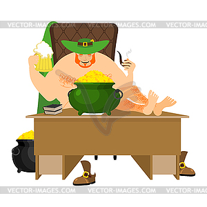 Cool Leprechaun relaxing. Mug beer and pipes. - vector image