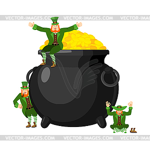 Leprechaun and pot of gold. Dwarf with red beard an - vector image