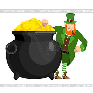 Leprechaun and pot of gold. Dwarf with red beard an - vector clip art