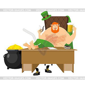 Cool Leprechaun relaxing. Mug beer and pipes. - vector image