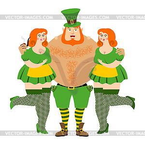 Kiss me I`m Irish. Leprechaun and beautiful girls. - vector clipart