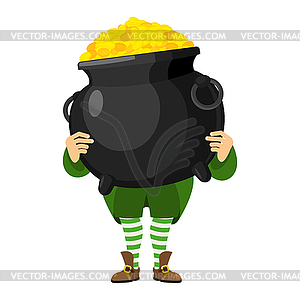 Leprechaun holding pot of gold. Dwarf with red bear - vector image