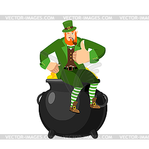 Leprechaun and pot of gold. Dwarf with red beard an - vector image