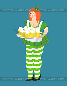 Leprechaun girl with red hair and beer. Beautiful - vector clipart