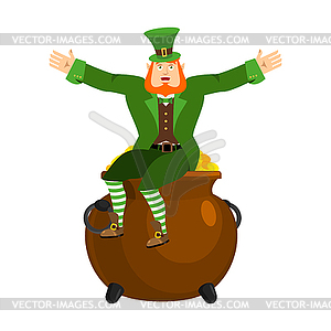 Leprechaun and pot of gold. Dwarf with red beard an - vector image