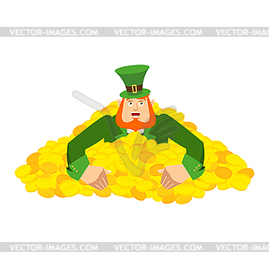 Leprechaun gold . Dwarf with red beard in heap - vector clipart