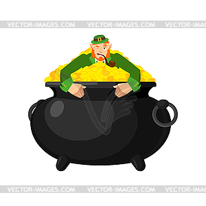 Leprechaun in pot gold. Dwarf with red beard and - vector clip art