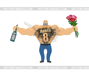 March 8. Brutal macho congratulate. bottle of wine - vector image