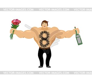 March 8. Brutal macho congratulate. bottle of wine - vector clip art
