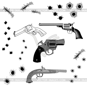 Pistols and bullet holes - vector clipart