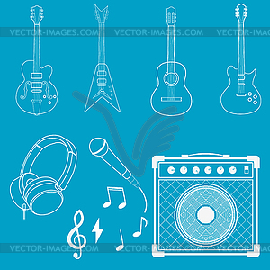 Guitars, amplifiers, microphones and headphones - vector EPS clipart