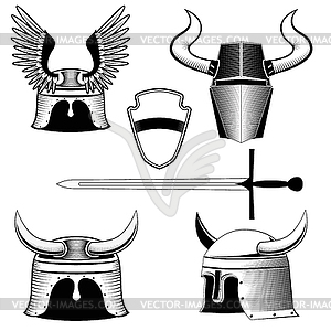 Knight`s helmet, shield and sword - vector clipart