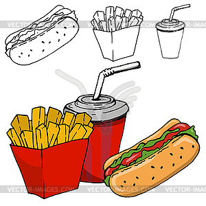 French fries, soda, hot dog - vector clip art