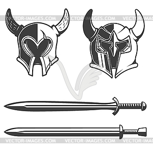 Set of horned helmets and swords - vector image